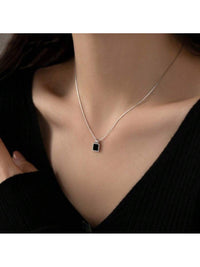 S925 Sterling Silver Black Square Pendant Necklace.