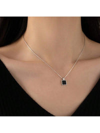 S925 Sterling Silver Black Square Pendant Necklace.
