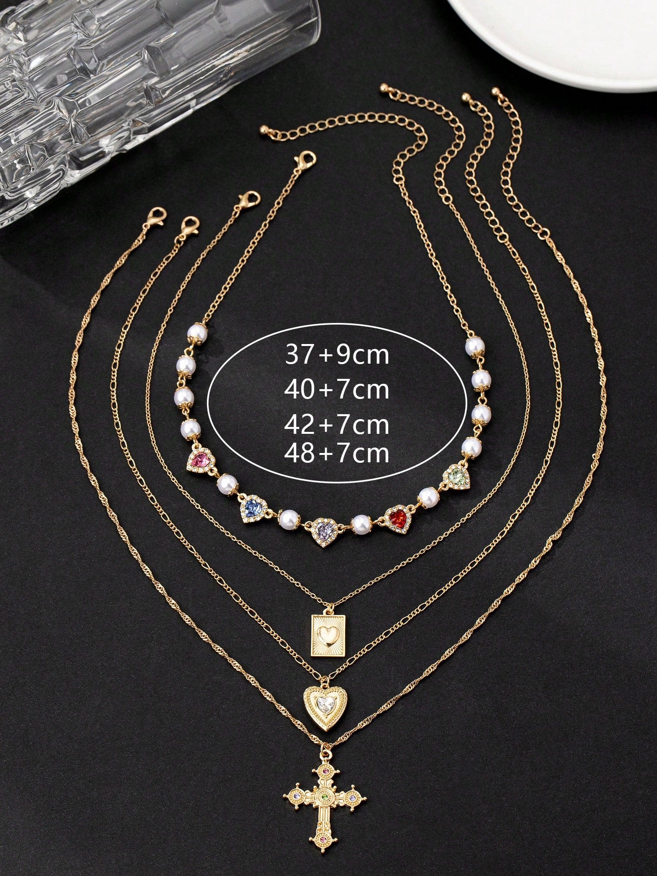 4-Piece Layered Necklace Set – 18K Gold-Plated, Cubic Zirconia Heart & Cross Pendants, Women's Jewellery Gift.