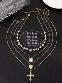 4-Piece Layered Necklace Set – 18K Gold-Plated, Cubic Zirconia Heart & Cross Pendants, Women's Jewellery Gift.