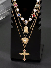 4-Piece Layered Necklace Set – 18K Gold-Plated, Cubic Zirconia Heart & Cross Pendants, Women's Jewellery Gift.