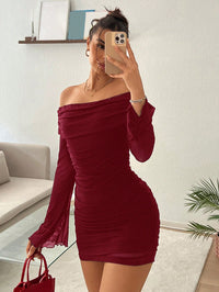 Women's Off-Shoulder Glitter Mini Dress – Elegant Pleated Partywear