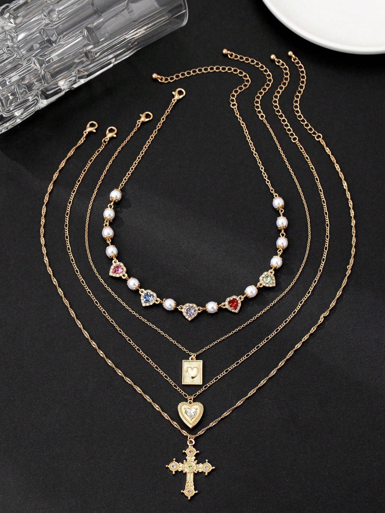 4-Piece Layered Necklace Set – 18K Gold-Plated, Cubic Zirconia Heart & Cross Pendants, Women's Jewellery Gift.
