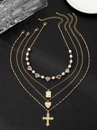 4-Piece Layered Necklace Set – 18K Gold-Plated, Cubic Zirconia Heart & Cross Pendants, Women's Jewellery Gift.