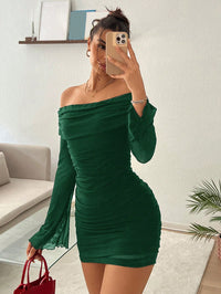 Women's Off-Shoulder Glitter Mini Dress – Elegant Pleated Partywear