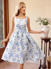Sleeveless Jacquard A-Line Dress with Boat Neck  – Royal Blue Holiday Party Dress