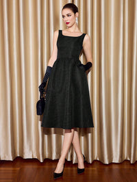 Sleeveless Jacquard A-Line Dress with Boat Neck  – Royal Blue Holiday Party Dress