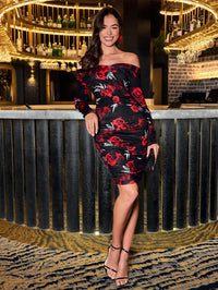 Lace Off-Shoulder Fitted Dress – Elegant Long Sleeve Party Dress