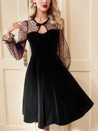 Vintage Mesh Splice Dress – Elegant Flare Sleeve Formal Ball Gown for Women