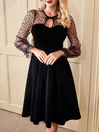 Vintage Mesh Splice Dress – Elegant Flare Sleeve Formal Ball Gown for Women