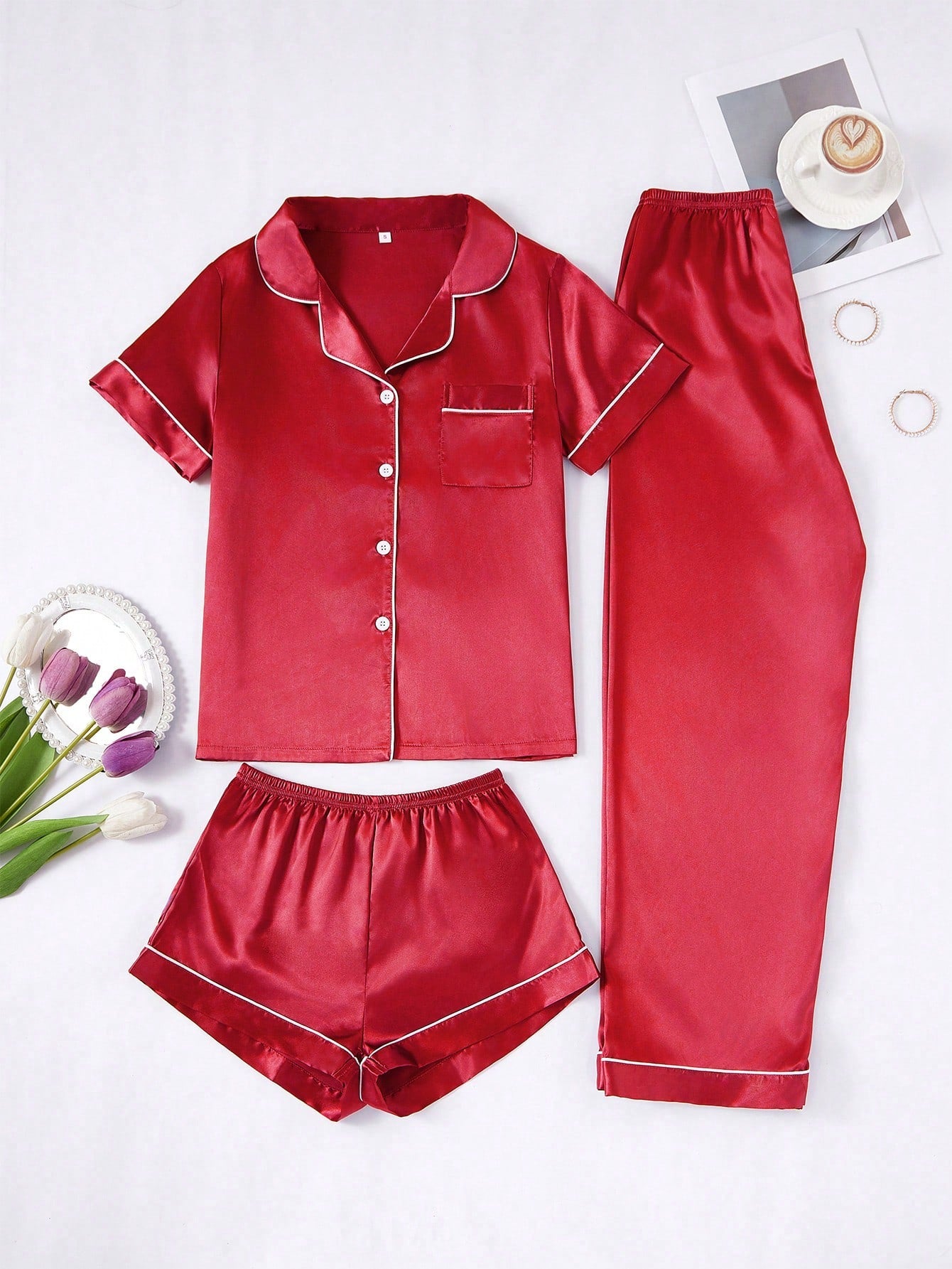 Silk Pajama Set – Solid Color with Contrast Trim & Collar – Women’s Sleepwear Set