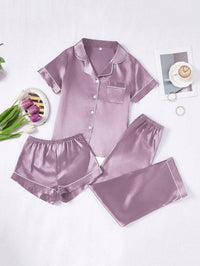 Silk Pajama Set – Solid Color with Contrast Trim & Collar – Women’s Sleepwear Set