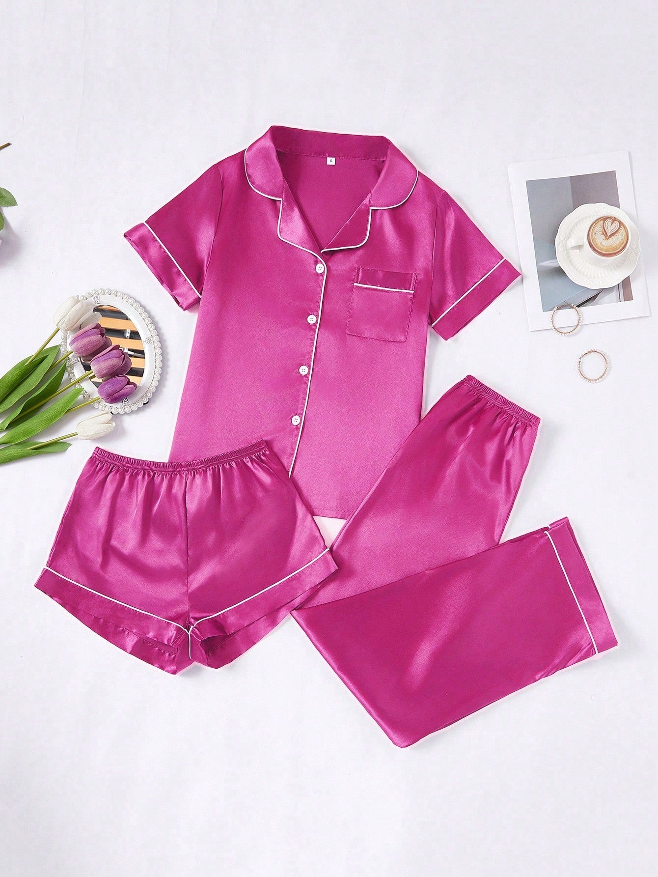 Silk Pajama Set – Solid Color with Contrast Trim & Collar – Women’s Sleepwear Set