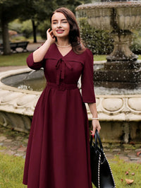 Vintage Bow-Waist Midi Dress – Elegant Puff Sleeve Dress for Autumn & Special Occasions