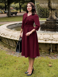 Vintage Bow-Waist Midi Dress – Elegant Puff Sleeve Dress for Autumn & Special Occasions