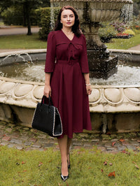 Vintage Bow-Waist Midi Dress – Elegant Puff Sleeve Dress for Autumn & Special Occasions