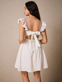 Women's White Cotton-Linen Summer Dress – Backless Bow-Tie, Blue Retro Print