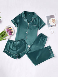 Silk Pajama Set – Solid Color with Contrast Trim & Collar – Women’s Sleepwear Set