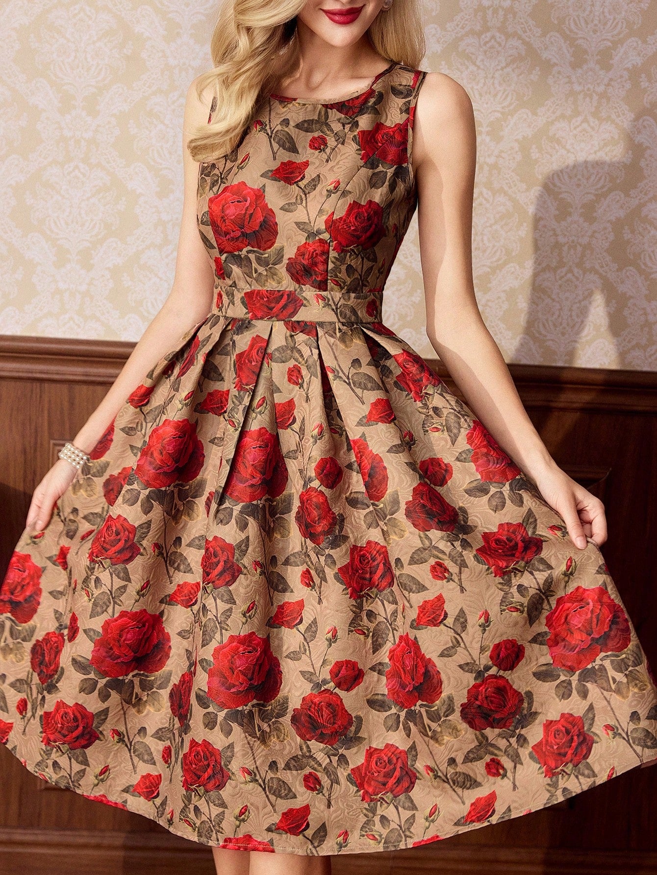 Vintage Floral Sleeveless Mini Dress – Elegant A-Line Belted Sundress for Summer Events