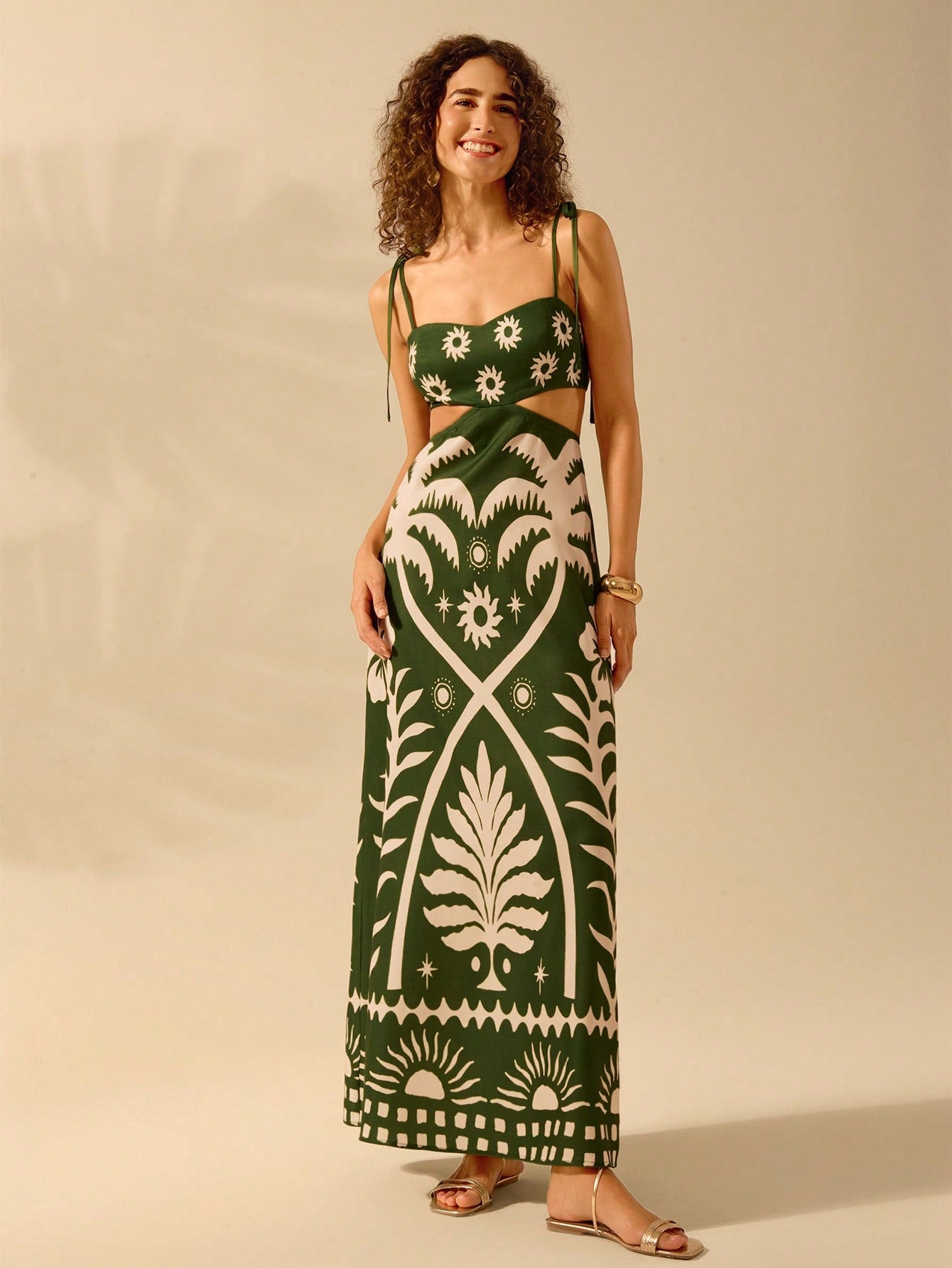 Bohemian Sleeveless Black Dress with Banana Tree Print – Hollow Waist & Back Tie Detail
