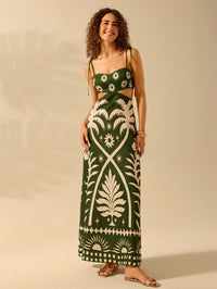 Bohemian Sleeveless Black Dress with Banana Tree Print – Hollow Waist & Back Tie Detail