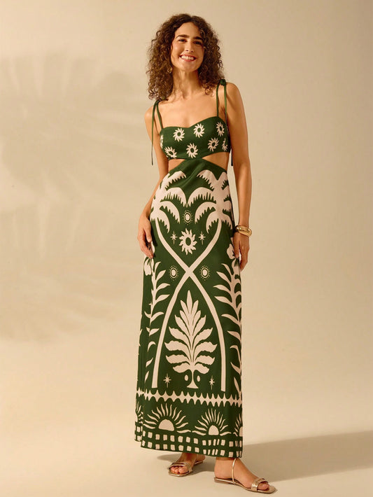 Bohemian Sleeveless Black Dress with Banana Tree Print – Hollow Waist & Back Tie Detail