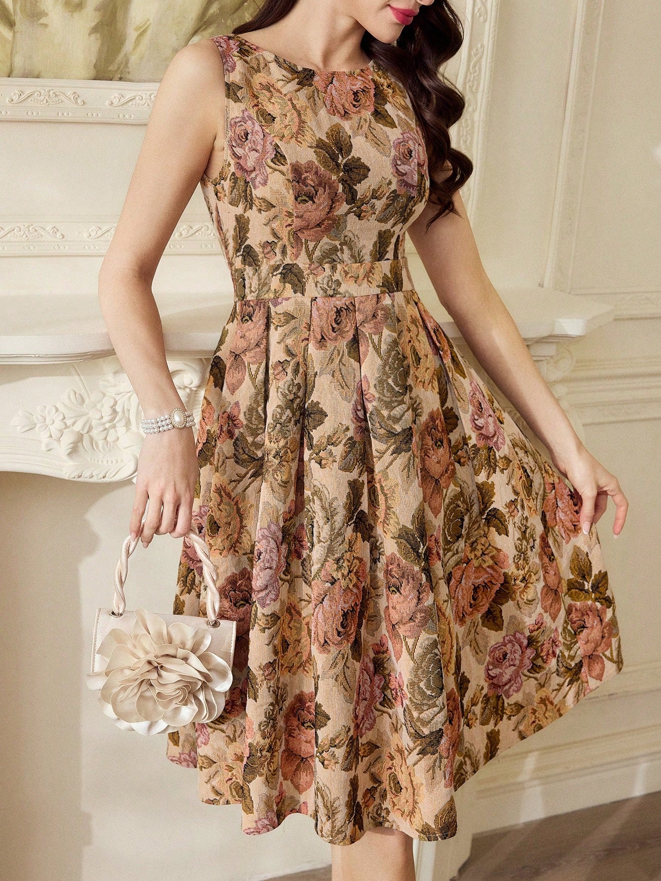 Vintage Floral Sleeveless Mini Dress – Elegant A-Line Belted Sundress for Summer Events