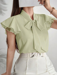 Elegant Cap Sleeve Shirt with Net Yarn Splicing, Collar & Tie Detail