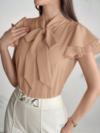 Elegant Cap Sleeve Shirt with Net Yarn Splicing, Collar & Tie Detail