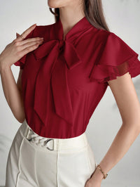 Elegant Cap Sleeve Shirt with Net Yarn Splicing, Collar & Tie Detail