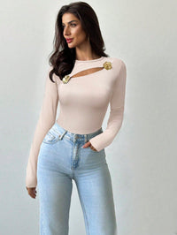 Black Fitted Long-Sleeve Top with Hollow Rose Metal Accent