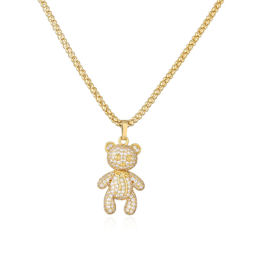 18k Gold Bear Affection Pendant Necklace with Heart Charm