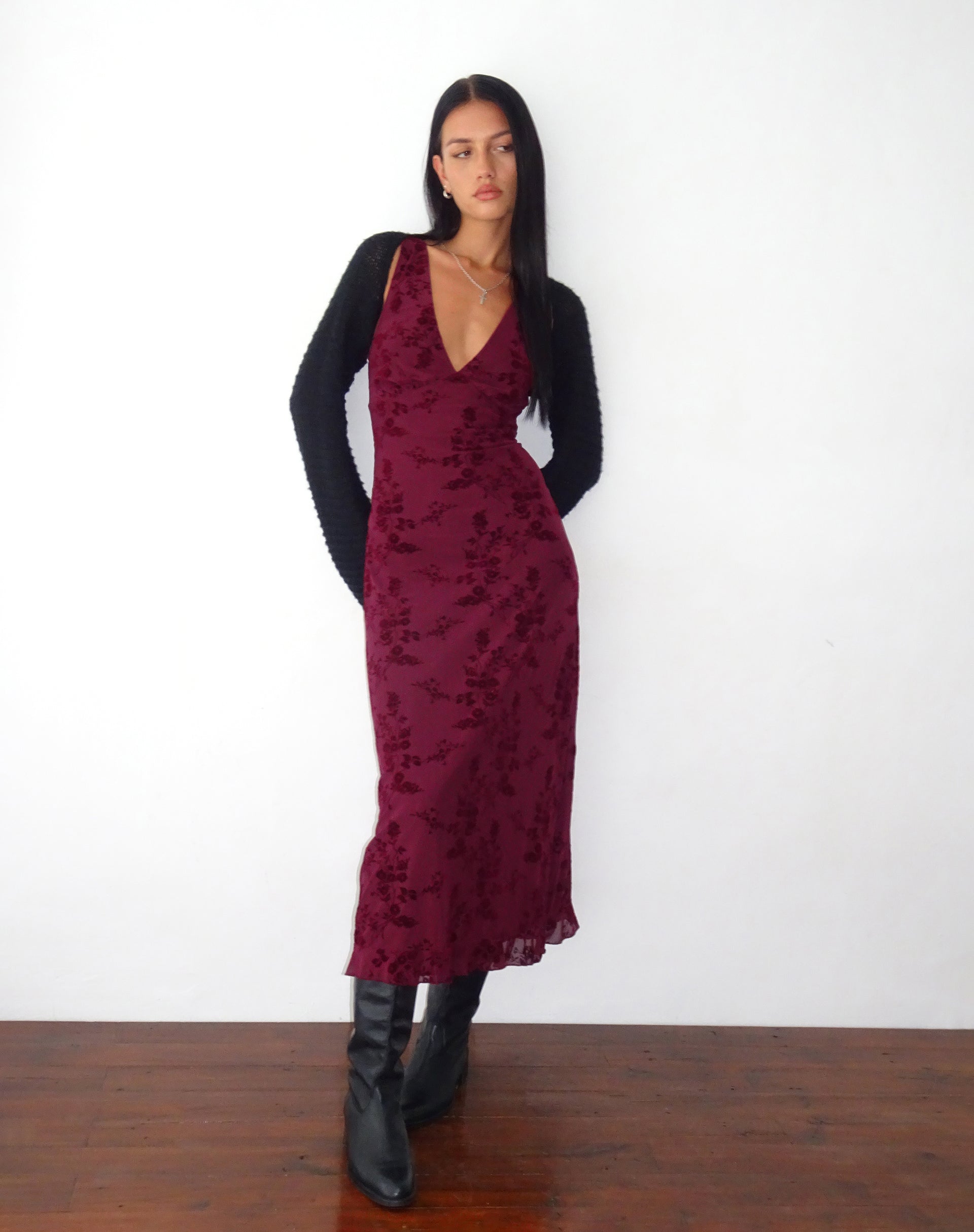 Botanical Flower Maroon Dress – Elegant Floral Print Dress