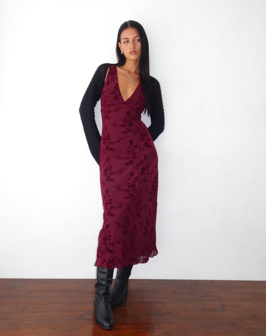 Botanical Flower Maroon Dress – Elegant Floral Print Dress