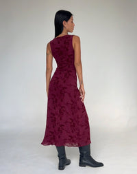 Botanical Flower Maroon Dress – Elegant Floral Print Dress