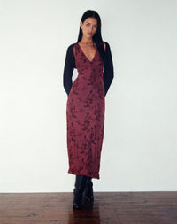 Botanical Flower Maroon Dress – Elegant Floral Print Dress