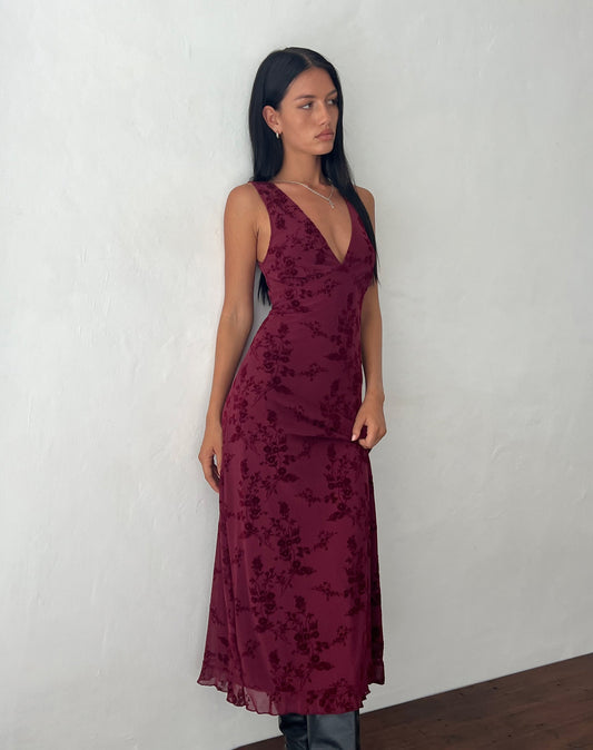 Botanical Flower Maroon Dress – Elegant Floral Print Dress