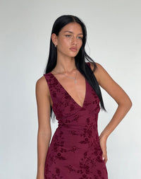 Botanical Flower Maroon Dress – Elegant Floral Print Dress
