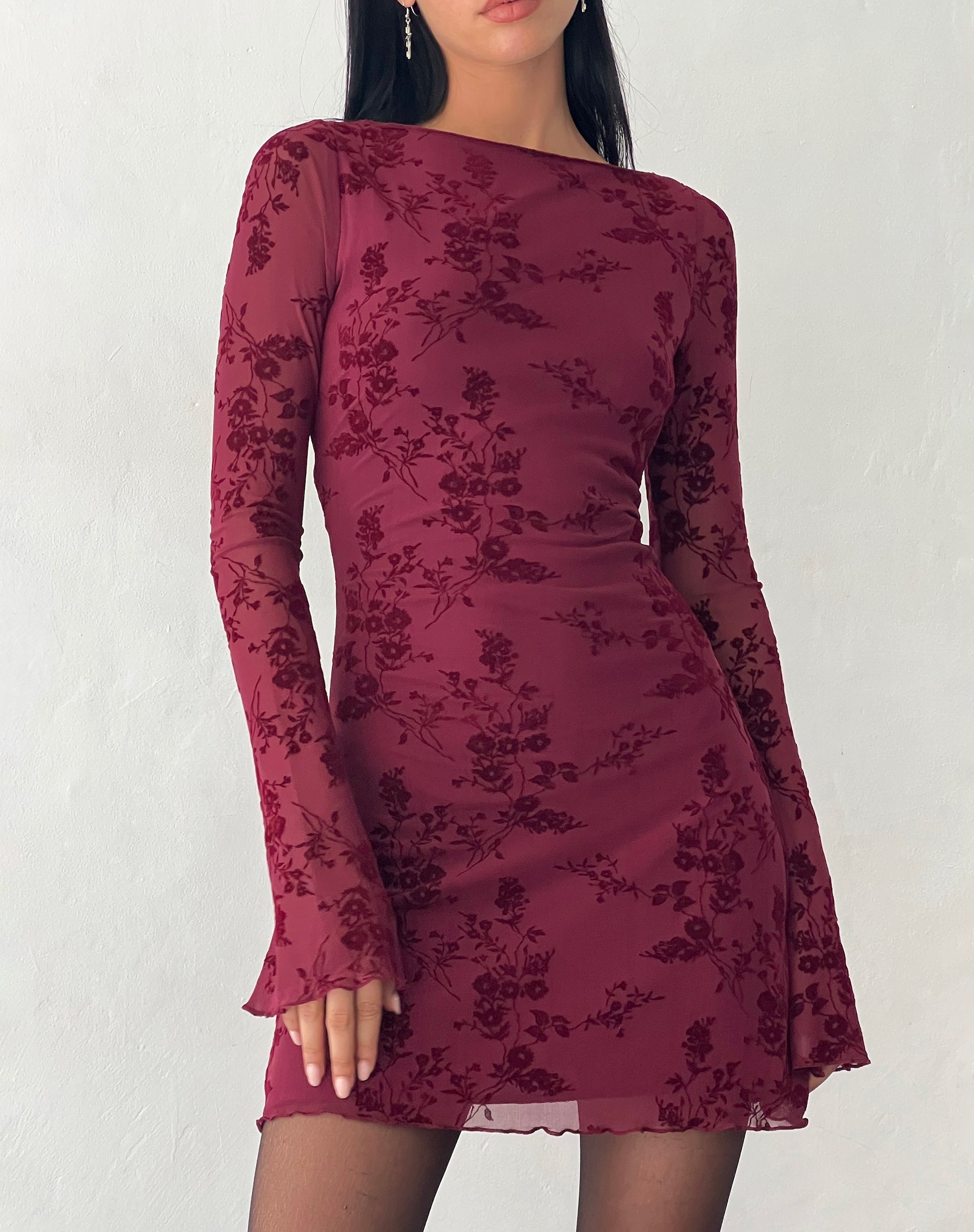 Botanical Flower Mini Maroon Dress – Chic Floral Print Dress
