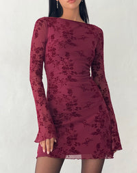 Botanical Flower Mini Maroon Dress – Chic Floral Print Dress
