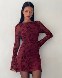 Botanical Flower Mini Maroon Dress – Chic Floral Print Dress
