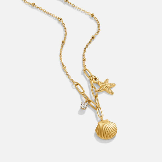 18K Gold Seashell & Starfish Pendant Necklace – Coastal Elegance