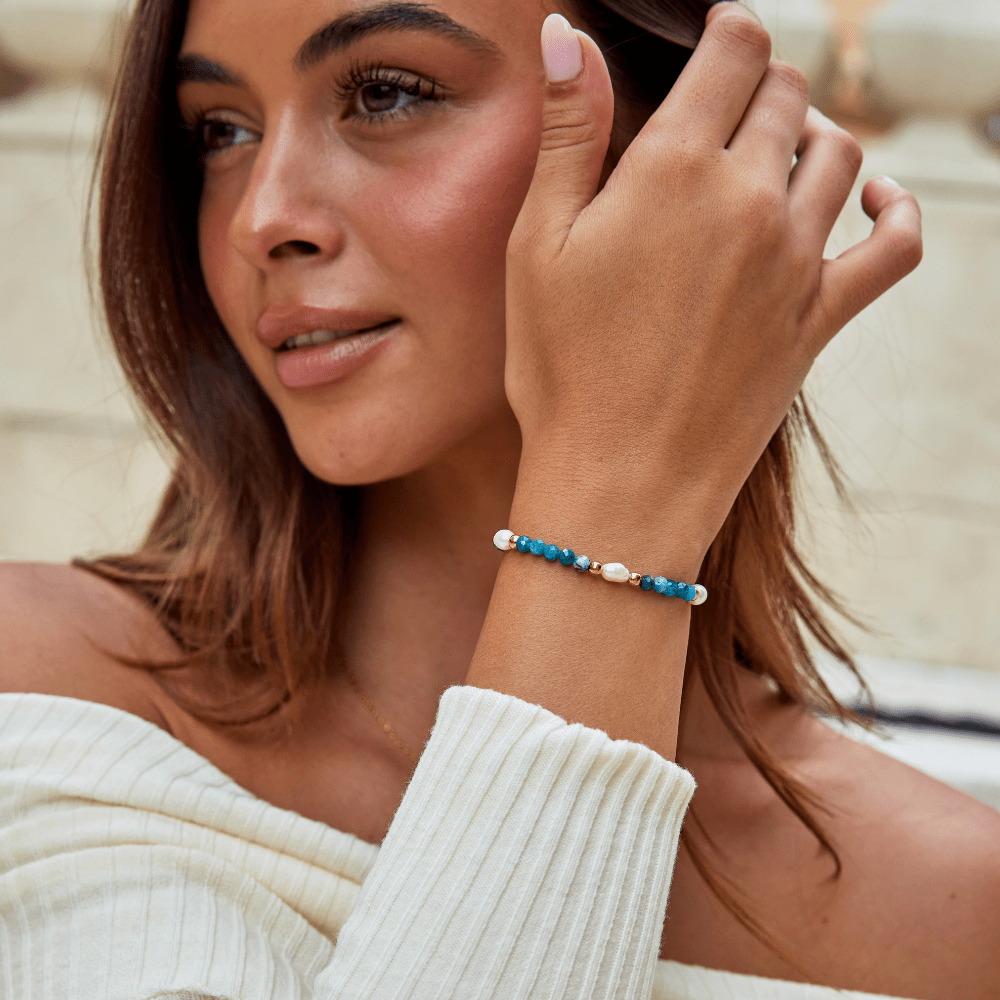 18K Gold-Plated Turquoise & Pearl Bead Bracelet – with Stones
